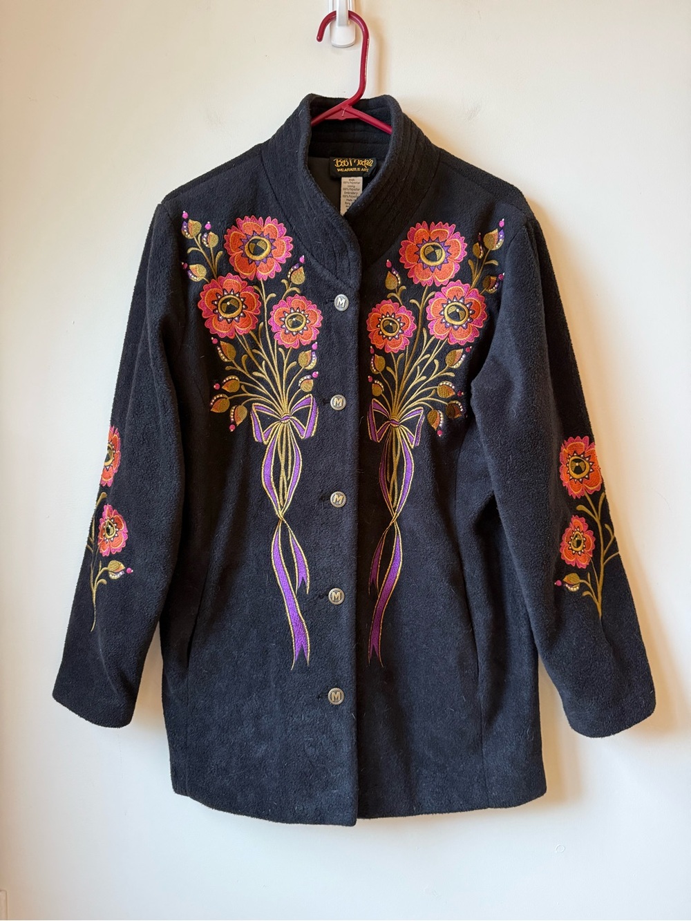 Bob Mackie fleece Jacket colorful floral Embroidery satiny lining pockets